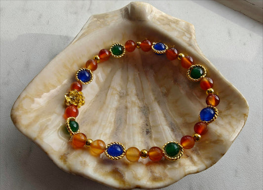 Grøn jade, gul agat og blå jade armbånd - 17 cm