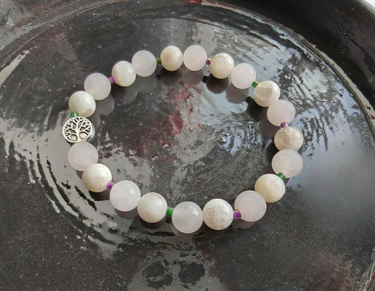 Månesten og rosakvarts armbånd - 16,5 cm